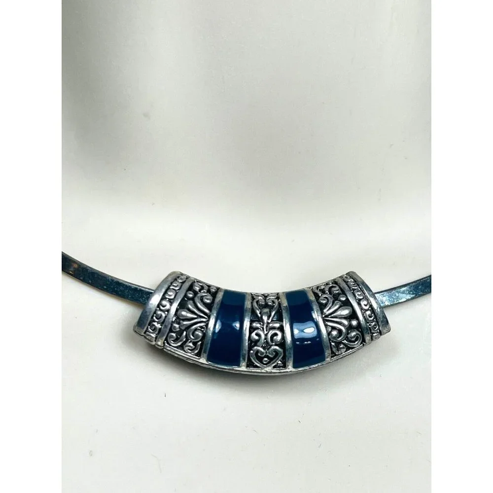 Tibetan Silver Filligree Sliding Pendant Charm Blue EnameL Necklace Choker VNTG - Picture 4 of 8